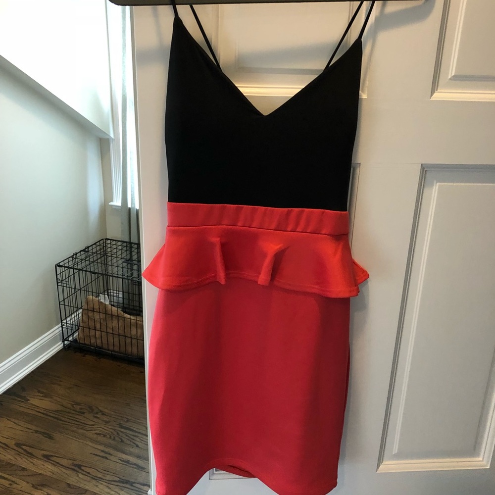 Coral and Black Peplum Cocktail Dress